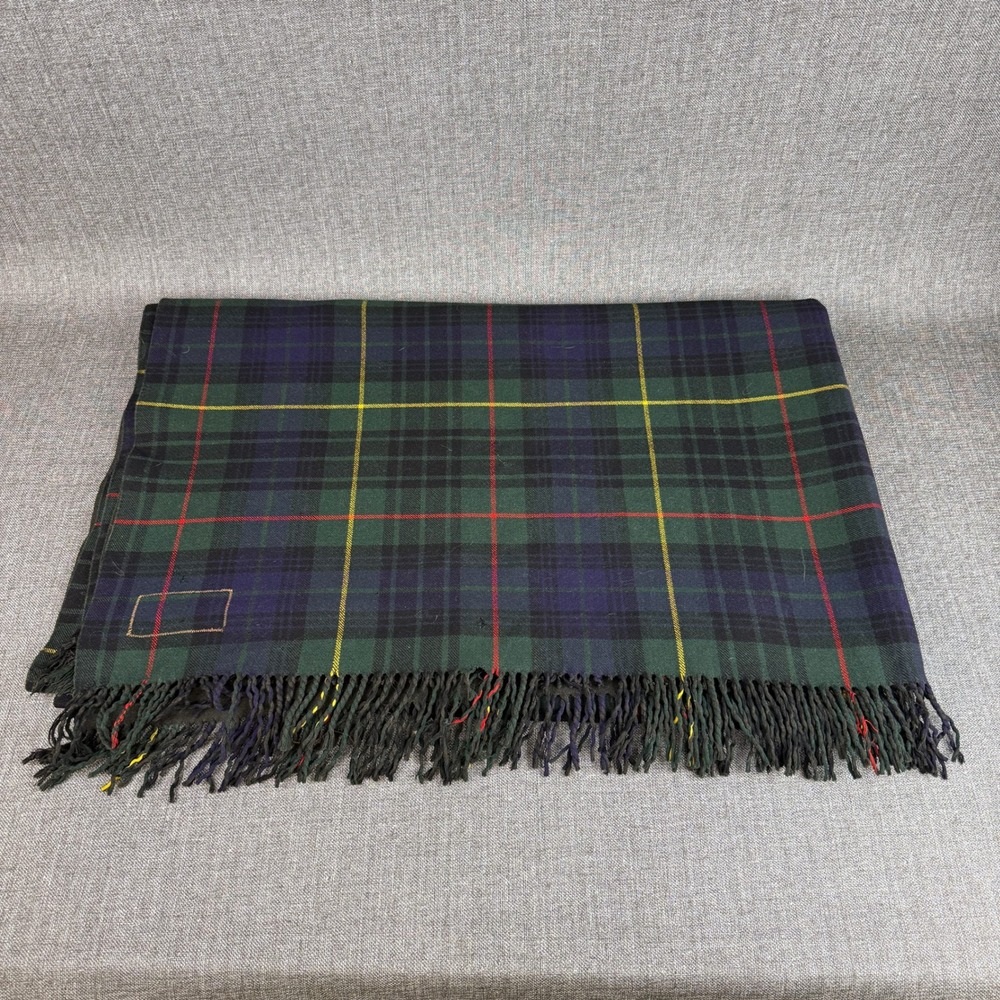 Vintage Wool Tartan Plaid Throw Blanket Green Blue Red Yellow Fringe 60"x80"